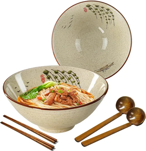Miniatura 8 de Juego de cuencos de cerámica para ramen, 2 juegos de 34 onzas, cuencos grandes de sopa de fideos japoneses con cucharas y palillos para sopa
