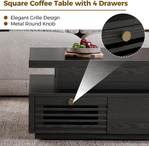 Miniatura 6 de Mesa de café IRONCK con luz LED y estación de carga, 4 cajones de almacenamiento con diseño de rejilla, mesa de café cuadrada para sala de estar