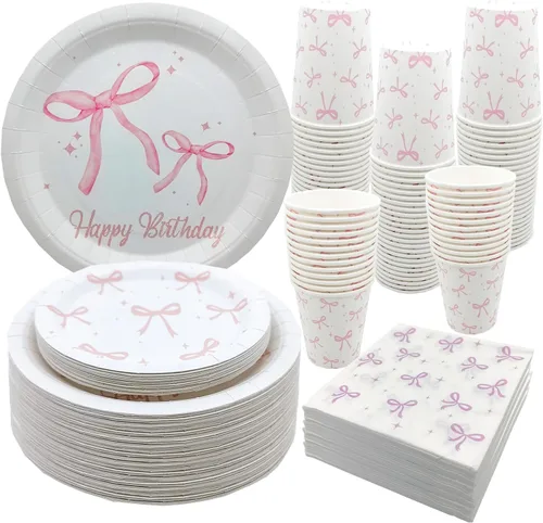 Miniatura 8 de 100 piezas de suministros para fiesta de cumpleaños con lazo rosa, juego de vajilla de lazo rosa de 9 y 7 pulgadas, platos de lazo rosa, tazas