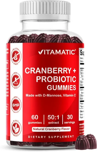 Miniatura 10 de Vitamatic Paquete de 2 Gomitas Veganas de Arándano Rojo con D-Manosa, Probiótico y Vitamina C para la Salud del Tracto Urinario Femenino