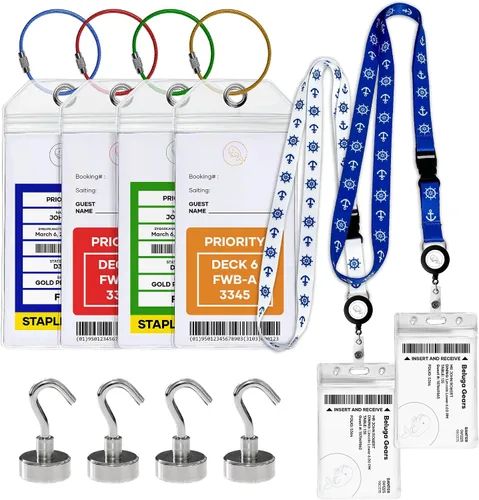 Etiquetas de equipaje de crucero Essentials 4 juegos con sello de cremallera y bucles de acero + 2 cordones de crucero desmontable para