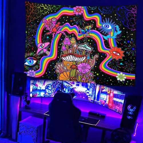 Miniatura 3 de NiYoung Tapiz Trippy para colgar en la pared, luz negra, arco iris, flores coloridas, ojos, estrellas, plantas mágicas, neón reactivo a los rayos