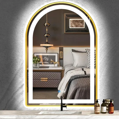 Miniatura 10 de Espejo LED de arco dorado de 16 x 24 pulgadas para baño, pared, maquillaje, mesa, escritorio, espejo de tocador dorado con luces, memoria