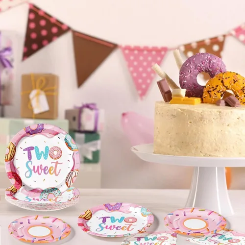 Miniatura 6 de 96 piezas de suministros para fiesta de cumpleaños Two Sweet de donas, decoraciones de fiesta Two Sweet, platos de donas, servilletas, tenedores