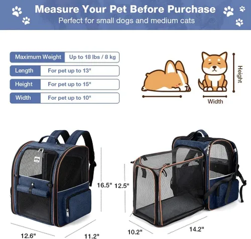 Miniatura 2 de Mochila Grande Transportadora para Gatos Expandible Mochila Transportadora de Mascotas para Perros Pequeños Gatos Medianos Soporta Hasta 18 Libras