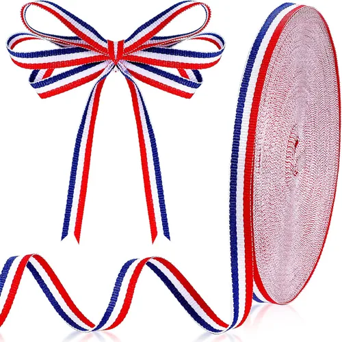 Cinta de grogrén a rayas rojas, blancas y azules para envolver regalos del Día de los Caídos, decoración de fiestas, manualidades y costura (3/8