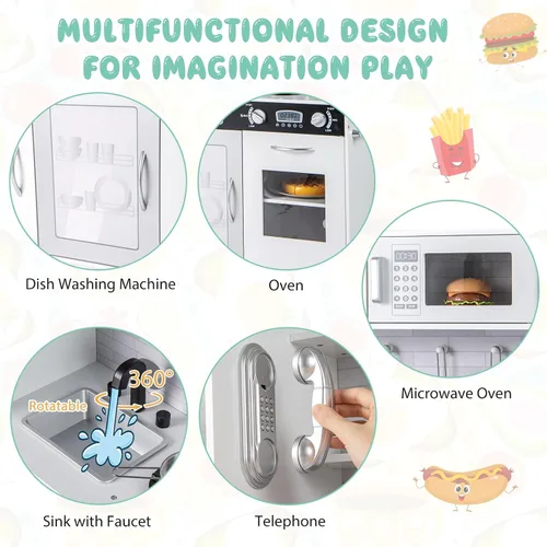 Miniatura 2 de Costzon Juego de cocina para niños, gran juego de juguetes de cocina de chef de madera con sonidos y luces reales, microondas, pizarra, horno