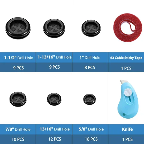 Miniatura 6 de Vrupin Kit Surtido de 66 Ojales de Goma, Tapones para Orificios de Taladro Cortafuegos Protección de Cables, 6 Tamaños 1-13/16" 1-1/2" 1" 7/8" 5/8