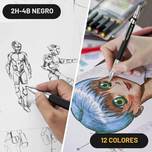 Miniatura 8 de Four Candies Juego de portaminas de 2 mm con estuche, lápiz de plomo de artista con portaminillas de metal con 60 piezas de recambio de mina