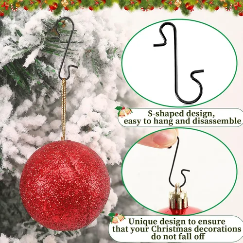 Miniatura 3 de 240 piezas de ganchos de adorno de Navidad, ganchos de alambre de metal negro en forma de S con caja de almacenamiento para colgar decoración