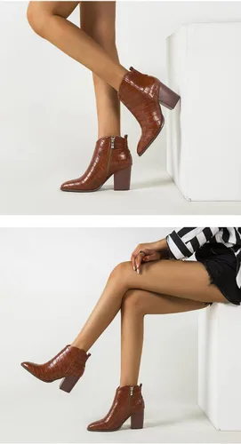 Miniatura 6 de Purubylley Botines de tacón grueso con cremallera lateral y puntera puntiaguda para mujer, botines occidentales con estampado de cocodrilo de charol