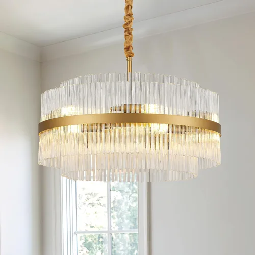 23.6" Lámparas de araña doradas modernas, candelabro de vidrio redondo de 2 niveles para comedor, 12 luces, lámparas colgantes para vestíbulo con