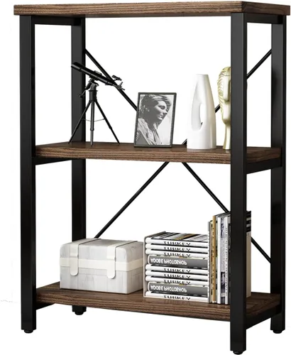 Miniatura 6 de AY-AOYUAN Librerías industriales de madera maciza de 3 niveles, estantería abierta Etagere con marco de metal, organizador de almacenamiento