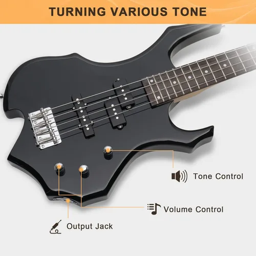 Miniatura 3 de GLARRY Guitarra eléctrica de bajo de tamaño completo 4 cuerdas estilo Burning Fire para principiantes diestros con bolsa, correa y accesorios (negro)