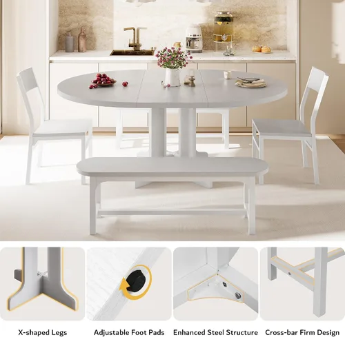Miniatura 6 de iPormis Juego de mesa de comedor redonda de 5 piezas para 4-6, juego de mesa de comedor extensible de 59 pulgadas con 2 sillas ergonómicas y 2 Blanco
