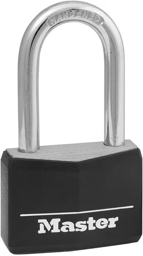 Master Lock Cerradura de aluminio cubierta negra, cerradura de armario de gimnasio con llave, candado al aire libre con grillete largo para puertas,