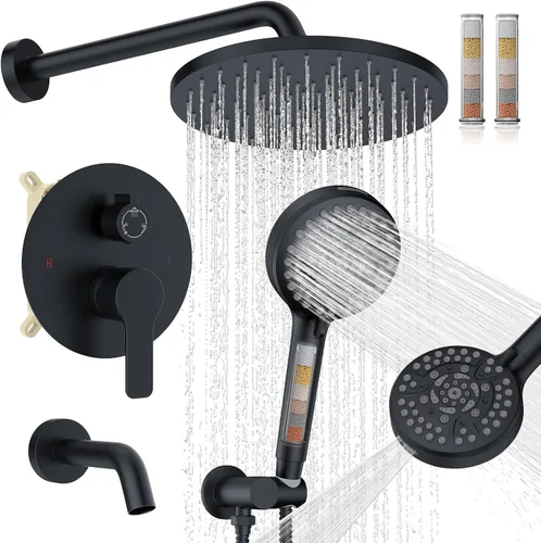 Miniatura 10 de Juego de llave de ducha de lluvia redonda negra mate de Iriber, llave de ducha con filtro y rociador de mano, llave de ducha moderna de baño con 9
