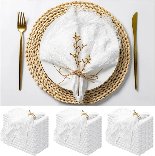 Miniatura 30 de Paquete de 12 servilletas de lino y algodón beige de 16 x 16 pulgadas, hechas a mano con flecos, servilletas de tela suave, lavables y rústicas