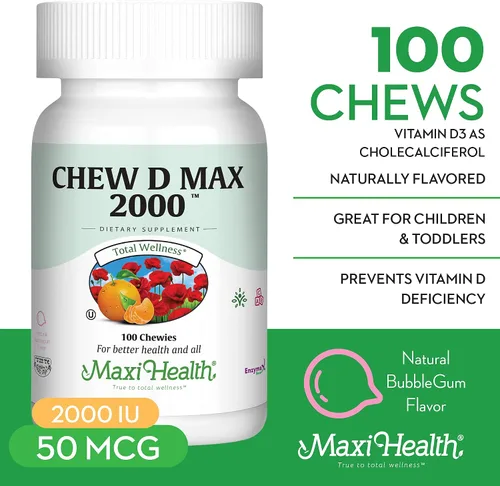 Miniatura 4 de Maxi Health Suplemento masticable de vitamina D3 de 2000 UI – Delicioso sabor natural de goma de mascar – Apoya la absorción de calcio, la salud