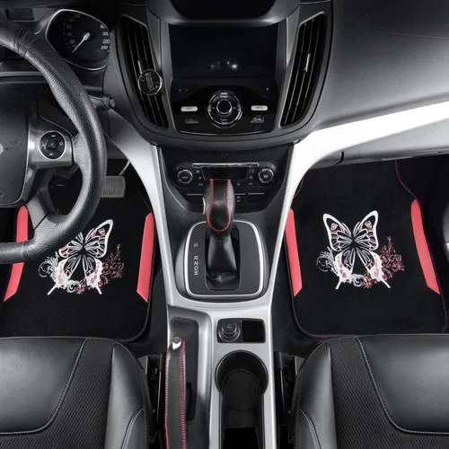 Miniatura 5 de CAR Pass Tapetes bordados de mariposa para automóvil, tapete de cuero rosa con almohadilla para el talón para mujeres lindas, ajuste universal