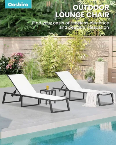 Miniatura 6 de Silla de Salón de Aluminio para Exterior, Sillas de Salón Plegables y sin Montaje para Patio y Piscina, Silla Reclinable de 5 Posiciones para Blanco