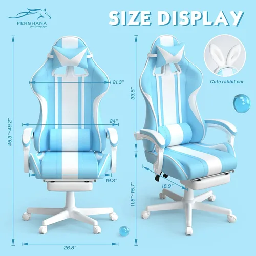 Miniatura 3 de Ferghana - Silla de juego Kawaii en azul claro con orejas de conejo, silla Gamer ergonómica y linda con reposapiés y masaje, silla de juego