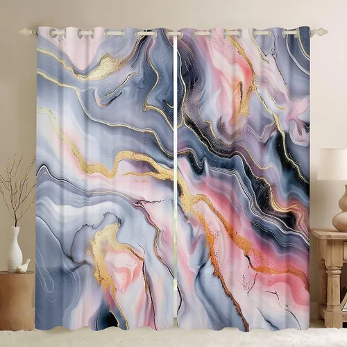 Miniatura 11 de Feelyou Cortinas abstractas para dormitorio, sala de estar, cortinas opacas de oscurecimiento negro y azul, con estampado de mármol, 2 paneles de 38