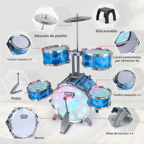 Miniatura 5 de Juego de batería para niños pequeños con kit de batería de 5 jazz y luces (controlado por vibración) y aleación, instrumentos musicales, juguetes