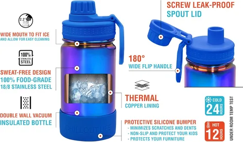 CHILLOUT LIFE Botella de agua aislada para niños de 12 onzas para la escuela con tapa de boquilla a prueba de fugas y bonitas calcomanías Azul