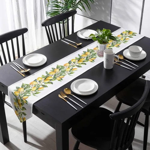 Miniatura 4 de Caminos de mesa triangulares de algodón y lino pequeños de 36 pulgadas, limones de verano, remolinos florales blancos, bufandas de tocador