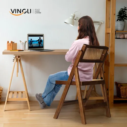 Miniatura 7 de VINGLI Silla de comedor de ratán, silla plegable de madera con respaldo giratorio de 360°, marco de madera de caucho y asiento y respaldo tejidos