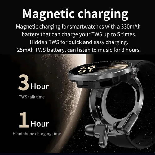 Miniatura 5 de Reloj inteligente con auriculares Bluetooth, pantalla HD redonda de 1.85 pulgadas, estilo militar, resistente al agua IP67, más de 100 modos Negro