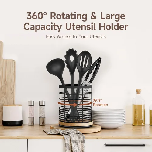 Miniatura 3 de Juego de utensilios de cocina de silicona con soporte grande giratorio de 360° de 7.3 pulgadas, juego de utensilios de cocina de silicona no tóxicos