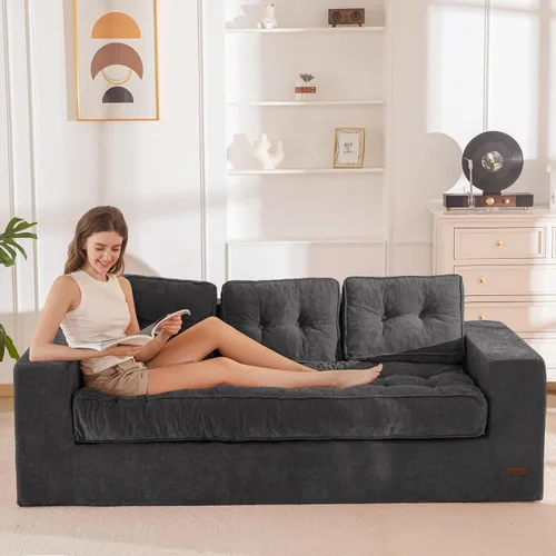 Miniatura 17 de MAXYOYO Sofá de 3 Plazas sin Estructura, Sofá Moderno Acolchado para Sala de Estar, Sillón Suave Tipo Puf de Espuma de Alta Densidad con Almohadas