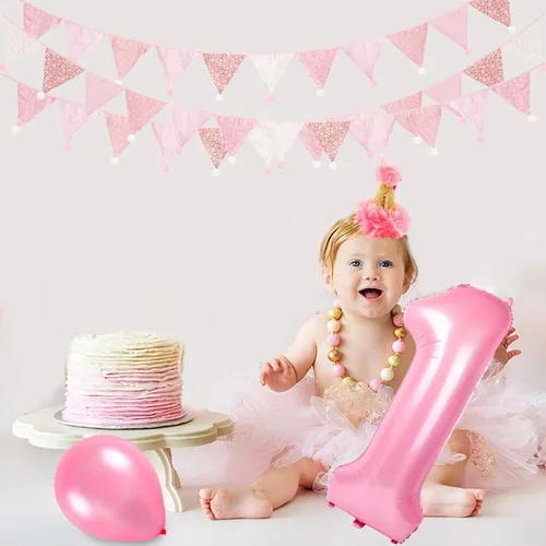Miniatura 4 de Zwiebeco Banderines de 10.5 pies, color rosa y blanco, banderines de tela, pompones, guirnalda triangular para compromiso, boda, fiesta