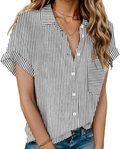 Miniatura 26 de HOTOUCH Camisas de Lino para Mujer con Botones Blusas de Manga Corta de Algodón Cuello en V con Cuello Tops de Gasa con Botones S-3XL