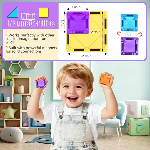 Miniatura 8 de Mini azulejos magnéticos, juego de 70 azulejos magnéticos de viaje con caja de hierro, bloques de construcción magnéticos portátiles para niños de 3