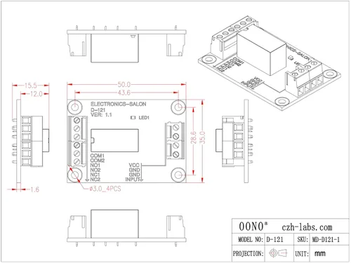 Miniatura 6 de ELECTRONICS-SALON Módulo de relé de señal DPDT, 5Vdc, relé RY5W-K. ha ensamblado.