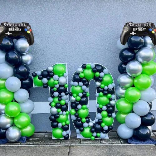 Miniatura 7 de Kit de guirnalda de arco de globos de videojuegos, 144 unidades, color verde, negro y plateado, estrella explosiva, globos de Mylar para niños