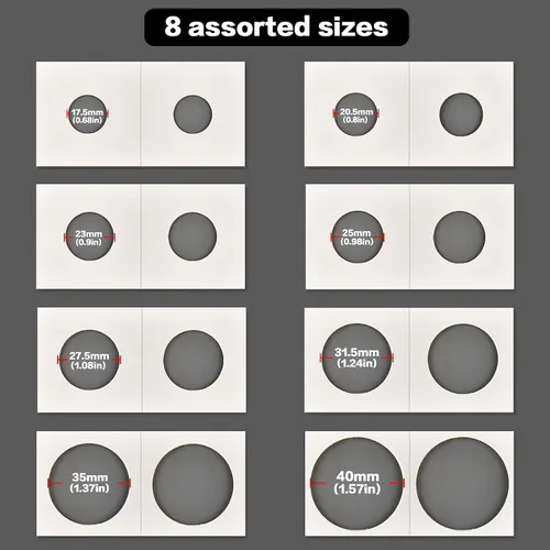 Miniatura 2 de 350 soportes para monedas de cartón, monedas, 2 x 2, 7 tamaños para coleccionistas, protector para coleccionistas, se adapta a 20.5, 23, 25, 27.5