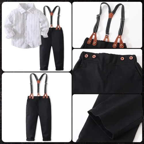 Miniatura 4 de Conjunto de 2 piezas para bebé, caballero blanco y negro con corbatín y pantalones para bebé, conjunto formal con tirantes