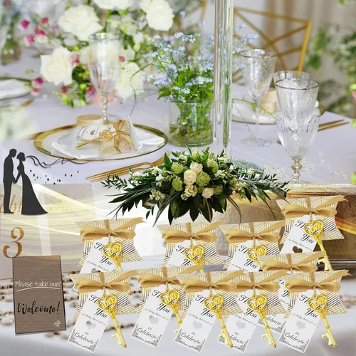 Miniatura 5 de Aokbean Paquete de 50 unidades con diseño de esqueleto y llavero de amor, caja de caramelos, cinta de agradecimiento para regalos de boda, regalo