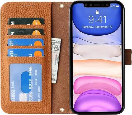 Miniatura 7 de Zouzt Funda para iPhone 11 de 6.1 pulgadas de piel auténtica con 4 ranuras para tarjetas, tarjetero con bloqueo RFID, tapa magnética, función atril