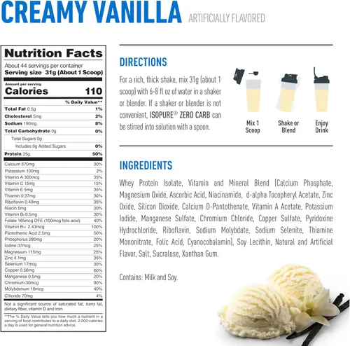 Miniatura 5 de Isopure Zero Carb 100% Proteína Pura de Aislado de Suero, Libre de Lactosa, Libre de Gluten, con Vitaminas, Vainilla Cremosa, 25g de Proteína por