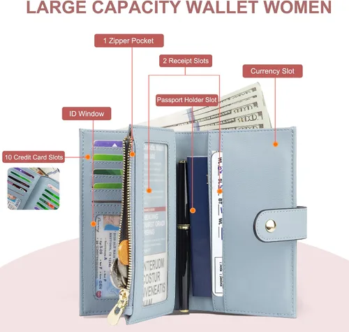 Miniatura 2 de yiijay Cartera para mujer con bloqueo RFID, de cuero vegano, triple pliegue, tarjetero para tarjetas de crédito, cartera de viaje con soporte