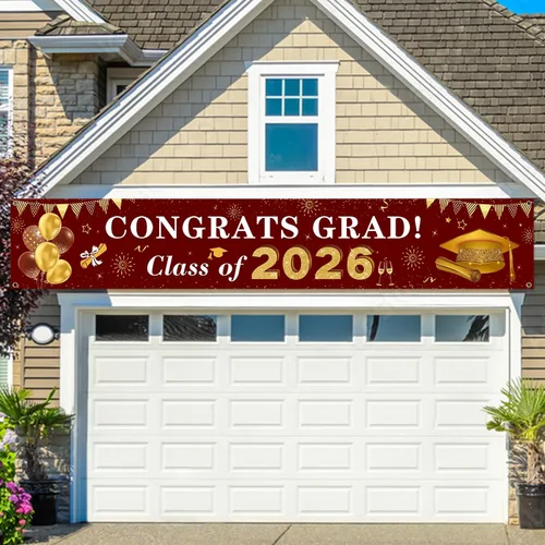 Miniatura 5 de Decoraciones de graduación 2026 Congrats Grad Class of 2026 - Cartel de graduación granate y dorado para patio, decoraciones colgantes