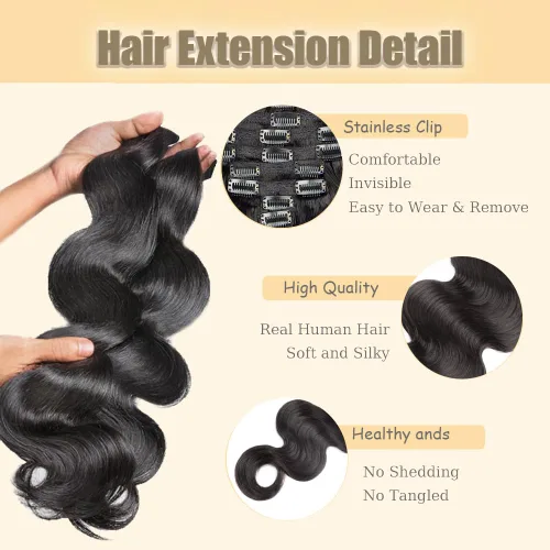 Miniatura 3 de Extensiones de cabello ondulado #1B con clip, cabello humano real suave de 12 pulgadas, 7 unidades, 4.23 oz, extensiones de cabello humano Remy #1B
