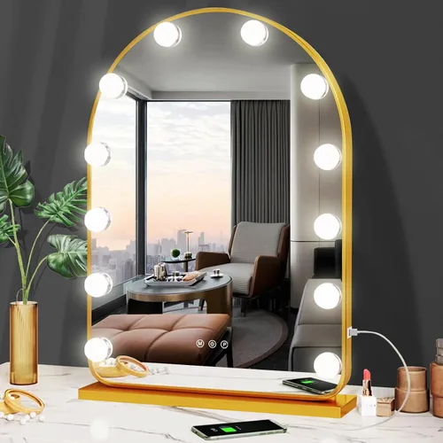 THEKLA Espejo de tocador Hollywood de arco dorado con luces regulables de 3 colores, 12 bombillas Hollywood espejo iluminado para pared de