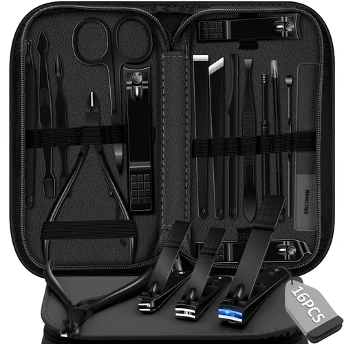 Juego de manicura 16 en 1, kit profesional de pedicura de acero inoxidable, juego de cortaúñas para uñas de los pies, kit de aseo masculino, kit de