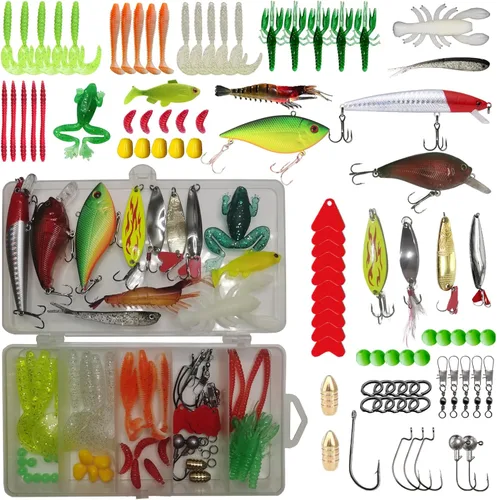 WOLFSKIN Fishing Lures Kit, Fishing Baits Set, Included Crankbaits, Curly Tail Jigs, Spoons, Hooks, Weights, Fishing Accessories with Tackle Box,